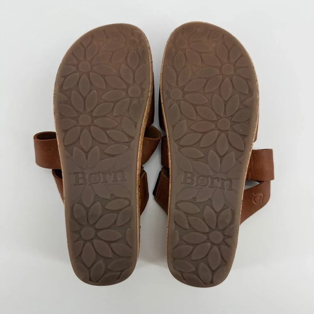 Born Brown Leather Cork Wedge Slide Sandals